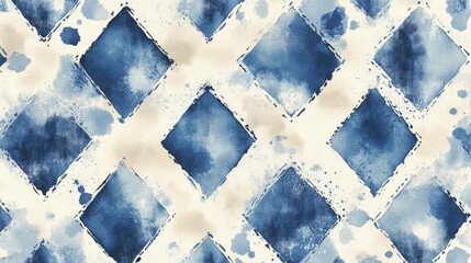 Wall Mural - A blue and beige pattern with indigo ink splashes, on a cream background. The design features stylized diamond shapes with watercolor washes