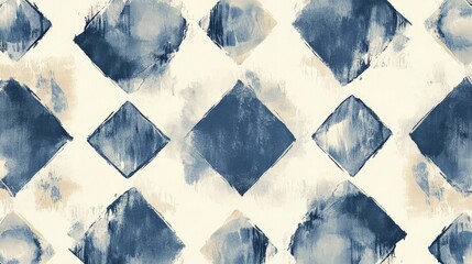 Wall Mural - A blue and beige pattern with indigo ink splashes, on a cream background. The design features stylized diamond shapes with watercolor washes