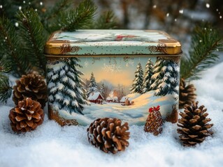 Wall Mural - winter scene with pine cones