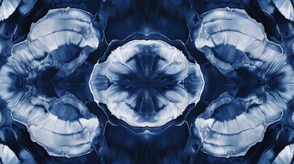 Wall Mural - A pattern of indigo and grey shibori patterns, creating an abstract design with multiple layers for depth. The background is dark blue to create contrast