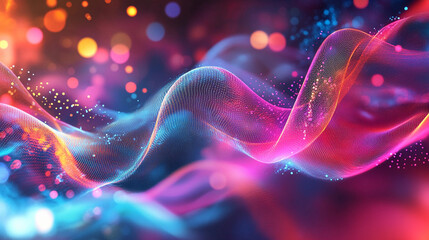 Poster - Dynamic waves of color and light create a hyper-realistic technology-themed backdrop showcasing vibrant patterns and textures in a captivating digital environment. Generative AI