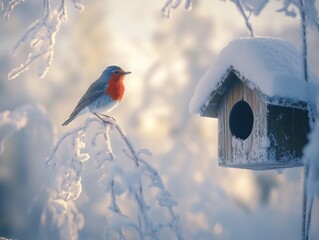 Wall Mural - Snowy Birdhouse with Perched Bird