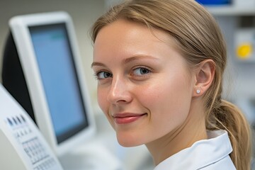 Poster - A scientist analyzing air pollution levels in a high-tech environmental research lab