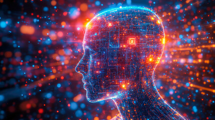 Poster - This striking image features a digital representation of a human head filled with circuit patterns and luminous connections, highlighting the interplay of technology and humanity.