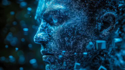 Poster - This visually engaging representation features a fragmented human face made of cascading data patterns, symbolizing the intersection of humanity and technology.