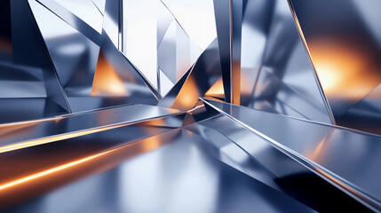 Poster - Abstract composition featuring sharp geometric shapes and reflective surfaces illuminated by soft lighting in a contemporary setting. Generative AI