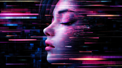 Poster - An eye-catching futuristic abstract portrait adorned with vivid color trails and light effects, exploring the themes of identity, technology, and emotional depth in art.
