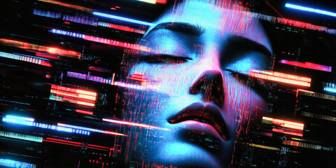 Poster - A stunning abstract face caught in vibrant neon lights and dynamic streams, symbolizing the intersection of technology, emotion, and human essence in modern art.