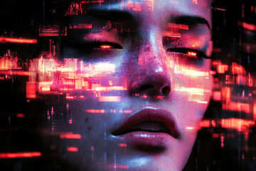 Poster - A striking digital portrait where facial beauty intertwines with abstract glitches, emphasizing the synergy between humanity and technology in a visually stunning manner.