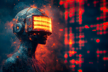Poster - A striking cybernetic figure wearing a luminous helmet, highlighting the symbiosis of advanced technology with human-like contours and ethereal energy in a digital landscape.