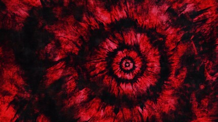 Wall Mural - A red tie-dye pattern with dark shades of crimson and scarlet, blending together in an intricate spiral design. The background is solid black to highlight the detailed texture of the fabric