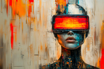 Poster - An enigmatic figure is surrounded by vibrant textures and colors, encapsulating the fusion of human form with abstract elements, embodying the spirit of contemporary art.