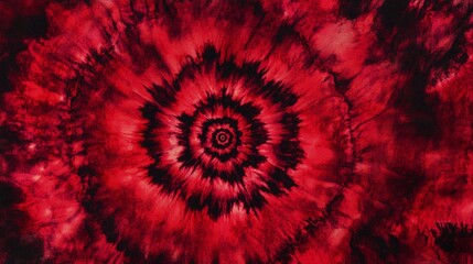 Wall Mural - A red tie-dye pattern with dark shades of crimson and scarlet, blending together in an intricate spiral design. The background is solid black to highlight the detailed texture of the fabric