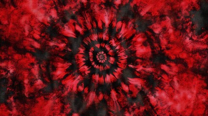Wall Mural - A red tie-dye pattern, with dark shades of crimson and scarlet, blending together in an intricate spiral design. The background is solid black to highlight the detailed texture of the fabric