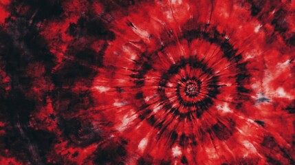Wall Mural - A red tie-dye pattern, with dark shades of crimson and scarlet, blending together in an intricate spiral design. The background is solid black to highlight the detailed texture of the fabric