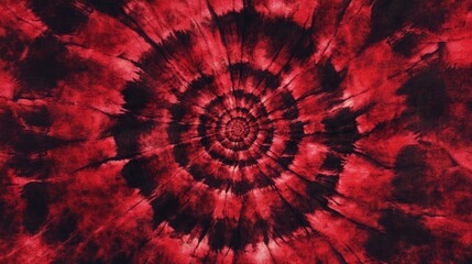 Wall Mural - A red tie-dye pattern, with dark shades of crimson and scarlet, blending together in an intricate spiral design. The background is solid black to highlight the detailed texture of the fabric