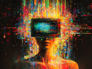 Poster - A visually striking image of a humanoid figure with a vintage television for a head, emitting vibrant pixelated colors, exploring themes of technology and identity.