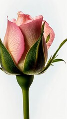 Wall Mural - Close-up view of a blooming pink rose showcasing delicate petals and vibrant green leaves in soft light