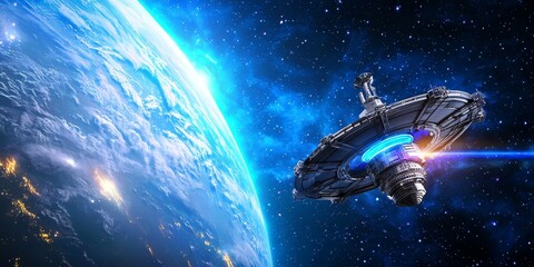 Wall Mural - A futuristic spacecraft hovers near Earth, surrounded by vibrant cosmic energy, highlighting the beauty and mystery of space exploration.
