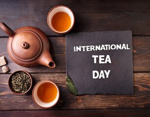  international tea day celebration with teapot and teacups on wooden table horizontal banner copy space