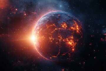 Wall Mural - planet with bright light shining. galaxy with stars. outer space scene. dark blue and orange colors.