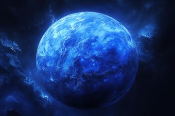Wall Mural - neptune blue planet view. deep space with cloud. circle sphere light effects. cosmos shining in the 