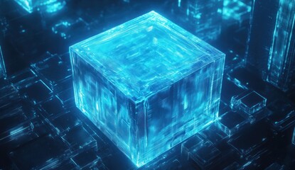 Poster - Glowing blue cube on digital circuit board.