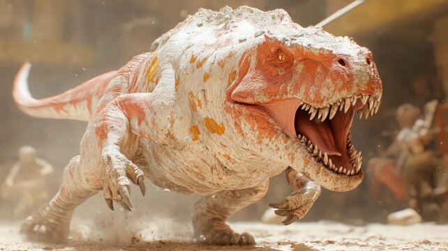 Charging Red And White Dinosaur In Dusty Arena
