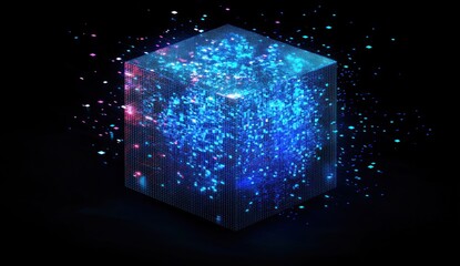 Poster - Glowing blue cube with particles.