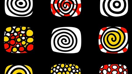 Poster - Retro Pattern with Rounded Squares, Swirls, Dots and Concentric Rings