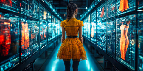 Poster - woman in futuristic digital fashion showroom exploring innovative eco-friendly clothing designs on i