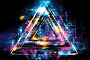 Aufkleber - Vibrant Triangle Geometric Composition with a Cityscape Backdrop