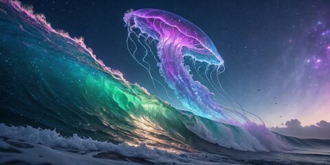 Poster - An iridescent surface displaying dynamic, flowing colors in an abstract futuristic design, with shifting hues of purple, blue, and green creating a mesmerizing effect