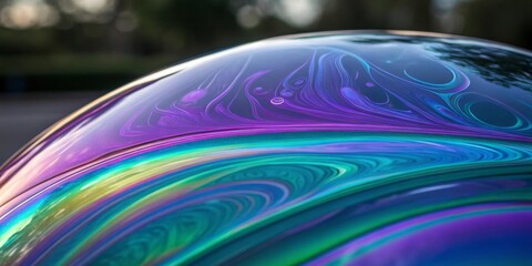 Poster - An iridescent surface displaying dynamic, flowing colors in an abstract futuristic design, with shifting hues of purple, blue, and green creating a mesmerizing effect