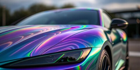Poster - An iridescent surface displaying dynamic, flowing colors in an abstract futuristic design, with shifting hues of purple, blue, and green creating a mesmerizing effect