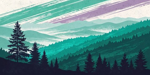 Poster - A textured, bold background with layered brush strokes in deep tones of green, teal, and purple, evoking a sense of depth and movement