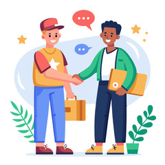 Poster - A professional courier and a satisfied client share a handshake to confirm a successful delivery. This interaction takes place in a bright, modern setting, reflecting trust and satisfaction