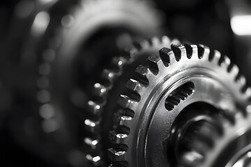 Wall Mural - black and white close-up of metal gears and mechanical parts symbolizing industrial equipment, preci