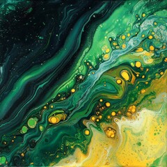 Poster - Emerald Depths: Abstract Fluid Art with Flowing Green and Yellow Hues, Featuring Circular Elements and Dynamic Swirling Patterns.
