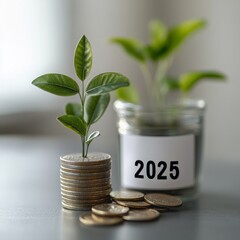 Poster - Growing Future: Plant sprouting from stack of coins near a savings jar labeled '2025', symbolizing financial growth and investment.
