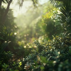 Poster - Misty Morning Light Filtering Through the Lush Green Foliage of a Tropical Rainforest with a Tranquil, Ethereal Atmosphere