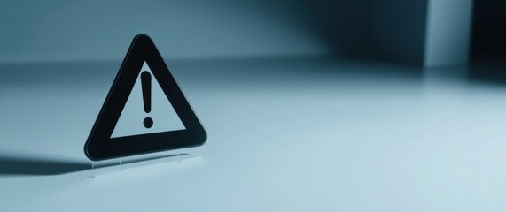Poster - A black and white triangular warning sign with an exclamation mark stands on a reflective surface.