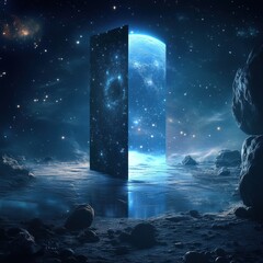Wall Mural - a celestial gate floating in space glowing with the light of the moon and distant stars ar 16:9 v 6.