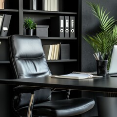 Poster - Modern Monochrome Office Space with Black Leather Chair and Organized Bookshelves