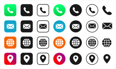 Wall Mural - latest contact icon vector set 2025. phone, email, website, location pin. in square, round, outline 