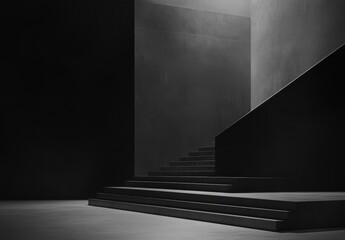 Poster - Abstract vision of modern staircase with intricate shadows in a dimly lit monochrome environment emphasizing shapes and spatial design aesthetics