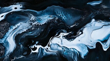 Poster - Mesmerizing Abstract Liquid Marble Painting With Cinematic Lighting Effects   Captivating Fluid Art Composition In Blue Black And White Tones