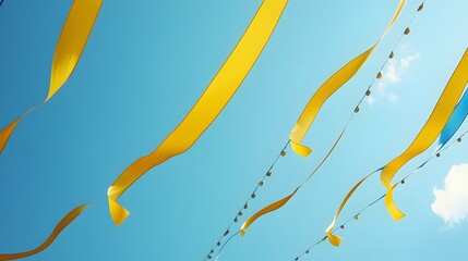 Poster - vibrant golden and sapphire blue decorative streamers gracefully flowing and cascading across a brig