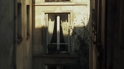 Poster - Dramatic Contemporary Cinematic Lighting Accentuates the Framed View of a Building Window Overlooking the Cityscape and Urban Landscape Below