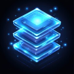 Poster - Glowing blue isometric layered digital cubes.